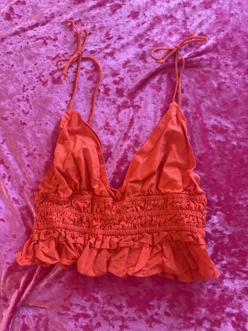 Sim & Sam Paolina Orange Red Smocked Strappy Ruffled Crop Top Medium 100% Cotton